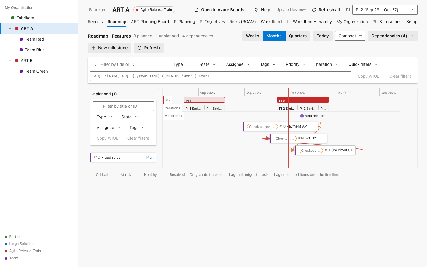 Roadmap with PI, iteration and milestone rows